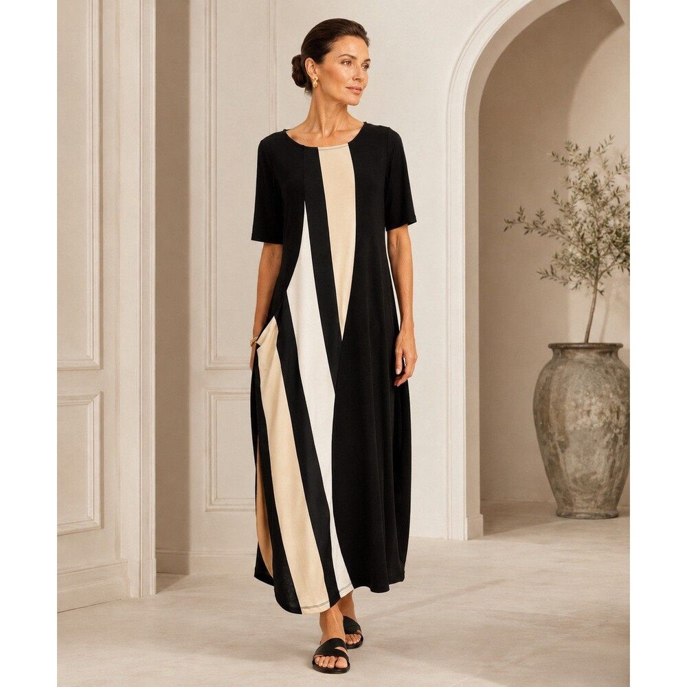Alembika Black White Colorblock Asymmetrical Maxi Dress One Pocket Size 2 USA M
